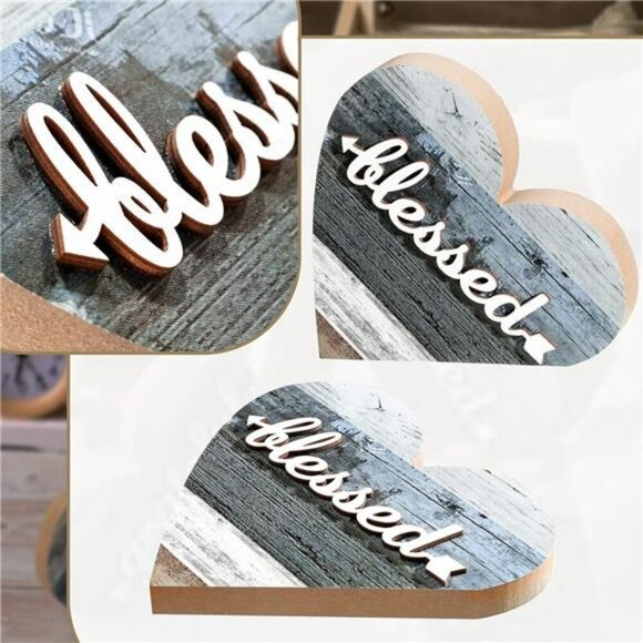 Rustic Heart Table Decor Set Wood Farmhouse Shelf Sign Grateful Love Gift - Picture 3 of 7
